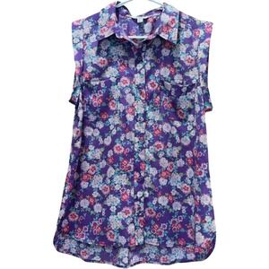 Candies Purple Floral Sleeveless Button Down Shirt Corduroy Texture Womens Large